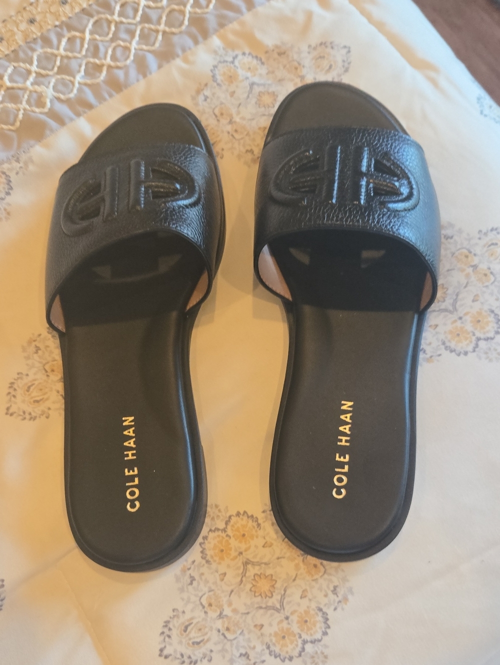 Cole Haan Black Leather Slide Sandals with Embossed Logo